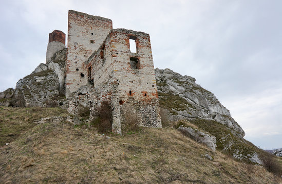 white rocks and ruined medieval castle in Olsztyn, Poland.