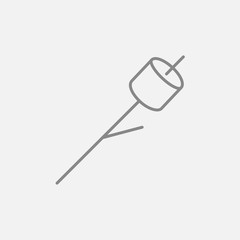 Marshmallow roasted on wooden stick line icon.