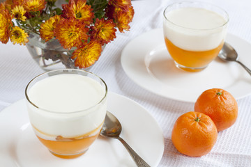 Vanilla and orange Panna Cotta in the cup on white saucer