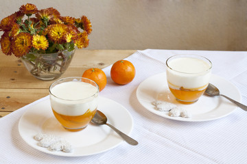 Vanilla and orange Panna Cotta in the cup on white saucer