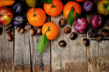 fruit. tangerines, plums, pumpkins, apples and chestnuts