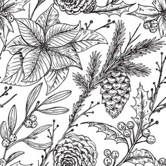 Vector seamless pattern with hand drawn winter plants