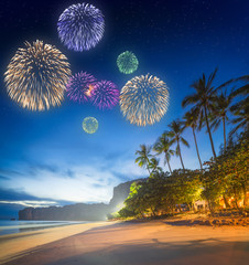 Beautiful fireworks above tropical landscape, Thailand