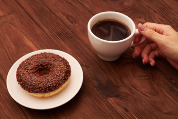 chocolate donut and womans hand