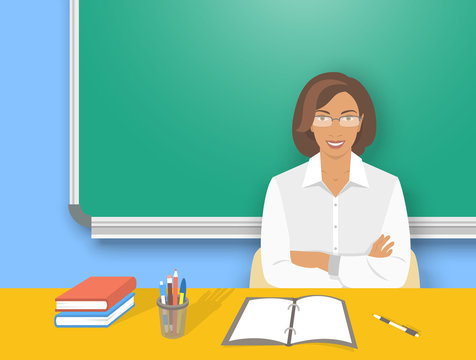School teacher at desk flat education vector illustration. Young smiling african american woman teacher sitting at table with school supplies in front of blackboard. Studying, learning concept