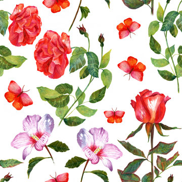Vintage seamless background pattern with watercolor roses and butterflies