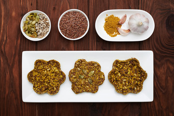 superfood selection in white porcelain bowls