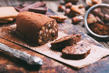 Chocolate salami with buscuits