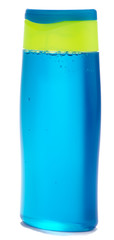 Blue transparent shampoo isolated on white background.