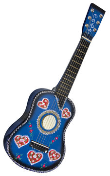 Blue guitar-toy painted with traditional Croatian decorations isolated on white background with Clipping Path
