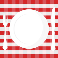 Tablecloth, plate, fork and knife