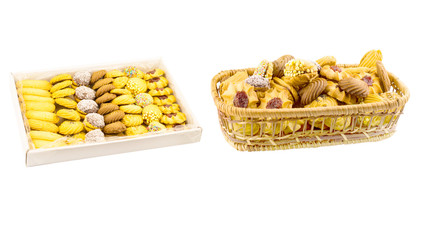 Different kinds of cookies in a box and a basket