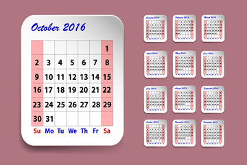 Calendar for October 2016