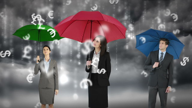 Composite image of business people with umbrella