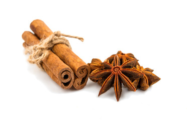 cinnamon stick and star anise spice isolated