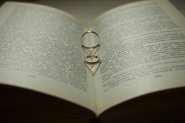 Wedding rings on a Bible with shadow shape heart
