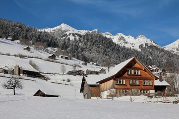 Idyllic winter scene in the Toggenburg valley