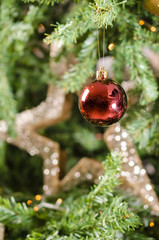 Red Christmas ornament with blury shining star in the background