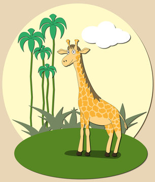 Giraffe with sun tropical background.