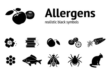 Allergen set. Realistic icons from tipical food and common allergens. Black silhouettes. Vector - 97235024