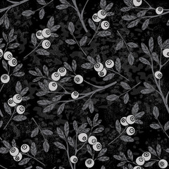 Abstract floral background with twigs berries. Monochrome seamless pattern