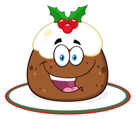 Happy Christmas Pudding Character With Frosting And Holly