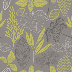 Fototapeta na wymiar Abstract floral seamless pattern. Vector background with different leaves