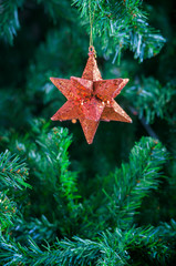 Christmas star ornament hanging on Christmas tree