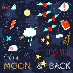 Doodle stylish Lettering Illustration on Love theme. I love you to the Moon and Back