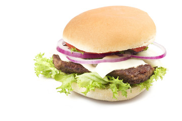 Sandwich big Hamburger close up on white