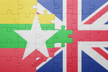 puzzle with the national flag of great britain and  myanmar