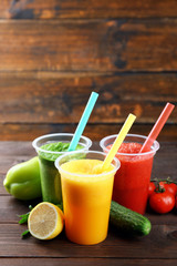 Fresh juice mix fruit, healthy drinks on wooden background