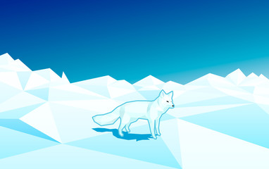 White fox in low poly style on the floe in north pole - editable