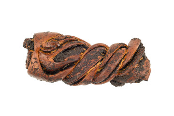 Twisted poppy seed cake isolated over white background, top view.