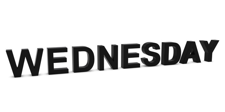 WEDNESDAY Black 3D Text Isolated on White with Shadows