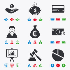 Money, cash and finance icons. Piggy bank sign.