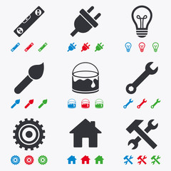 Repair, construction icons. Hammer, wrench tool.