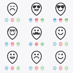 Smile icons. Sunglasses, mustache and laughing.