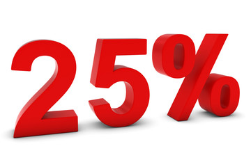 25% - Twenty Five Percent Red 3D Text Isolated on White