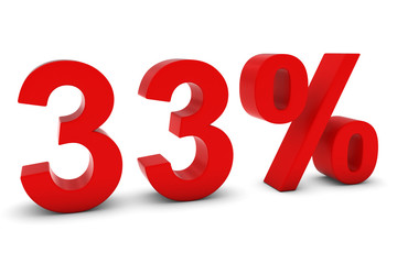 33% - Thirty Three Percent Red 3D Text Isolated on White