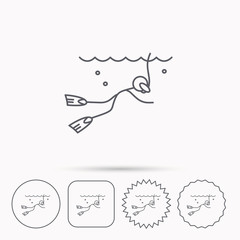 Diving icon. Swimming underwater with tube sign.