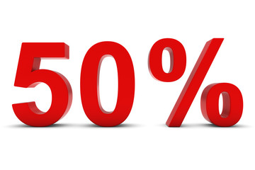 50% - Fifty Percent Red 3D Text Isolated on White
