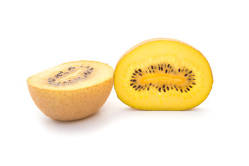 golden fresh kiwi fruit sections on a white background