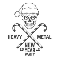 Crazy Santa Claus biker with candy cones logo insignia design. Vintage Heavy metal party Christmas logo badge. Rock and roll new year t-shirt illustration