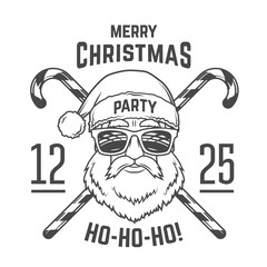 Santa Claus with hipster glasses and candy cones print design. Vintage disco insignia. Christmas old man portrait. Rock and roll logo. New year t-shirt illustration