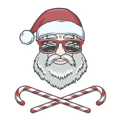 Santa Claus biker with candy cones and hipster glasses print design. Vintage disco man Christmas logo insignia. Rock and roll new year t-shirt illustration