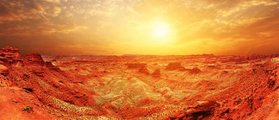 Deurstickers Baksteen zonsopgang, zonsonderganghorizon en landschap van rode zandsteen