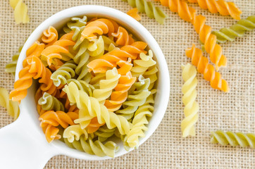 Three kinds of raw pasta.