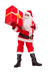 Santa Claus shows gift isolated on white background
