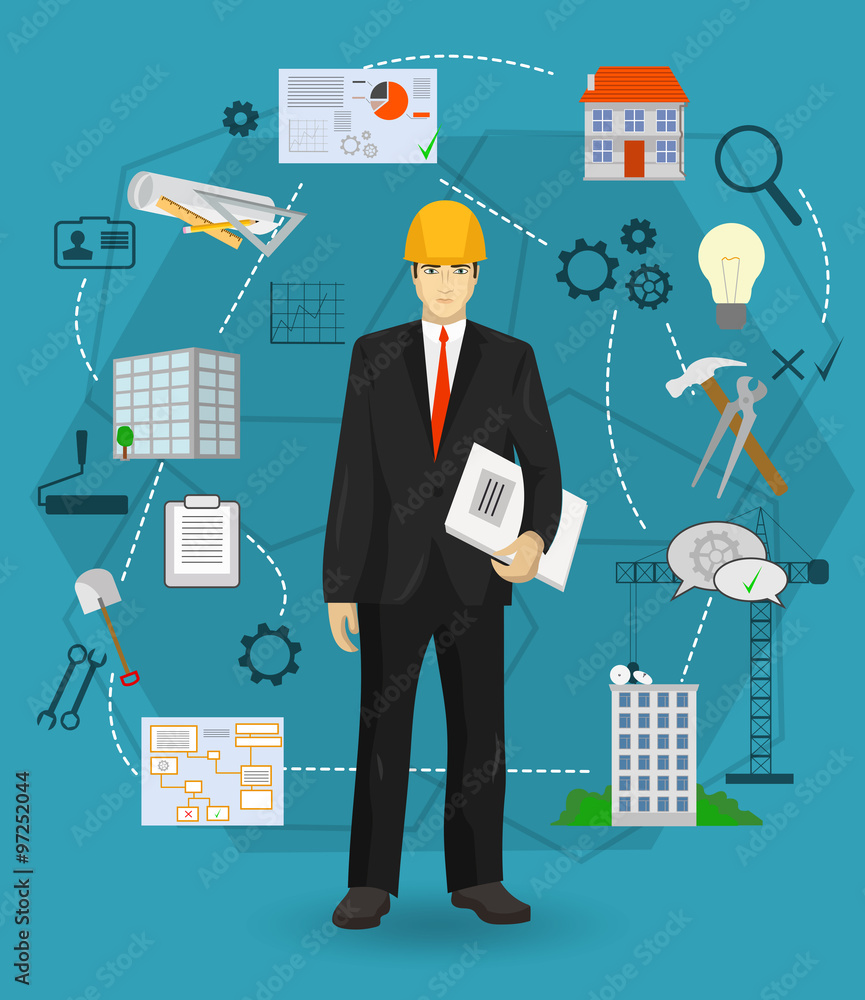 Poster builder man manager worker concept with flat icons. construction and building professions.